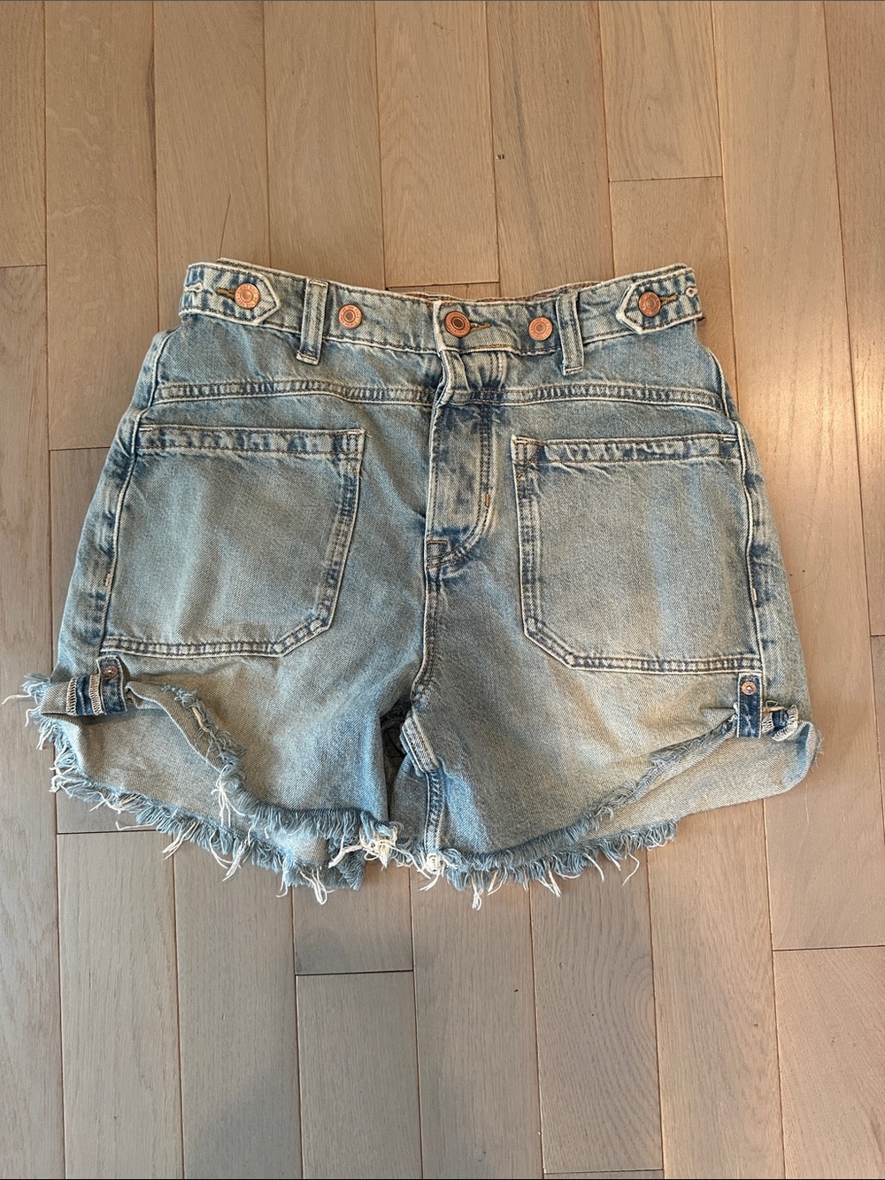Free People Light Blue Frayed Denim Utility Shorts